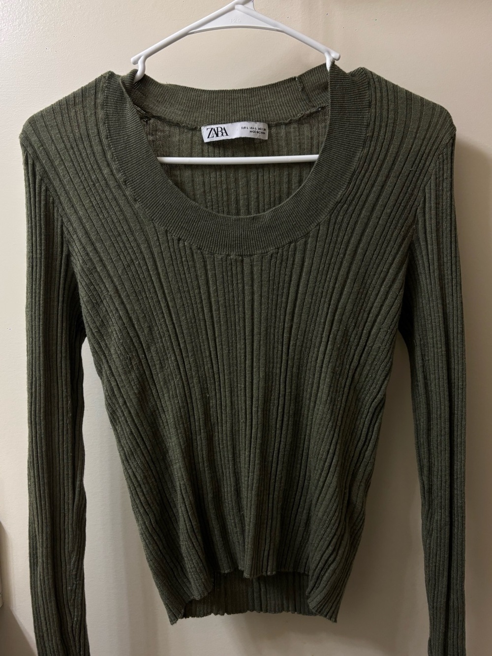 ZARA Olive Ribbed Long-Sleeve Crew Neck Top